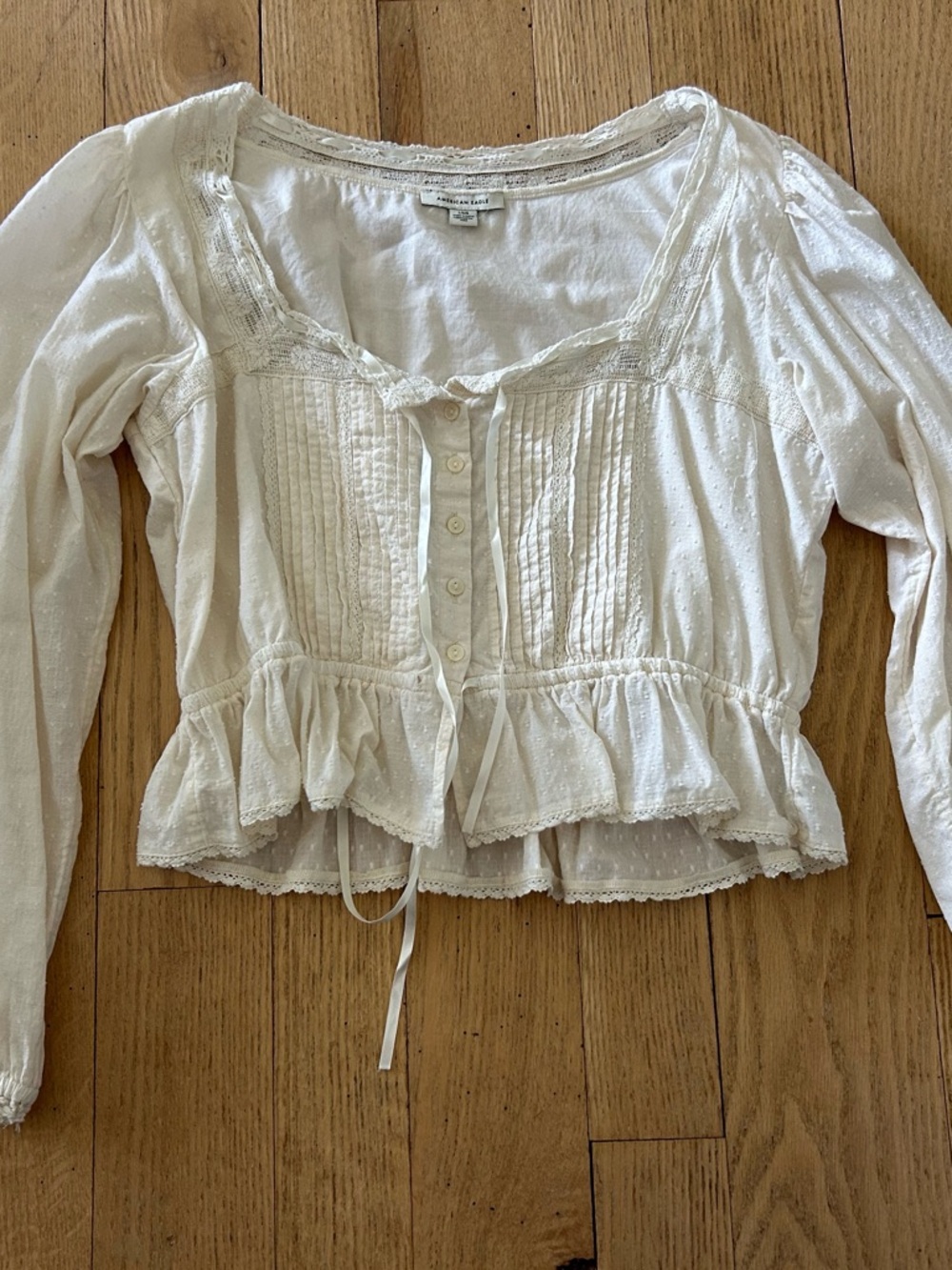 American Eagle Ivory Ruffle Peplum Pintuck Button-Front Blouse
